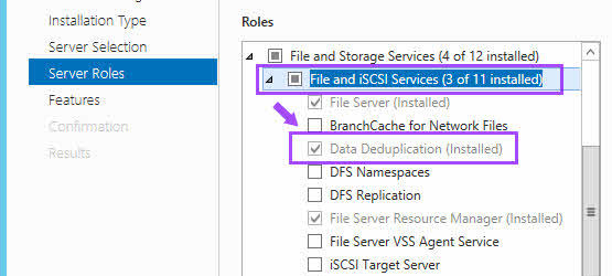 Server Roles File and iSCSI Services Data Deduplication install